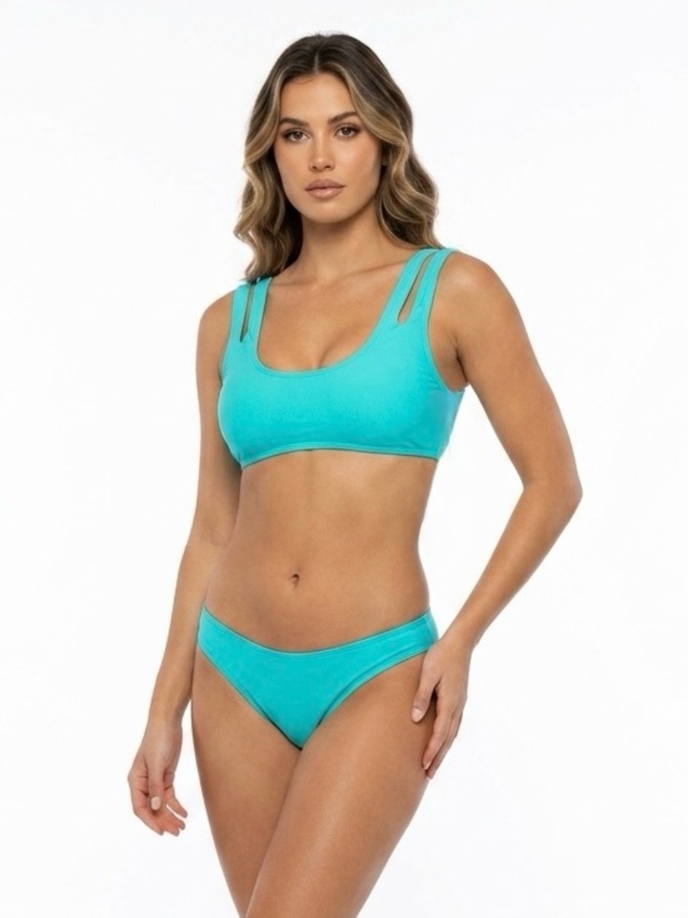 [The Bikini Lab] Blue Scoop Neck Cutout Swim Top